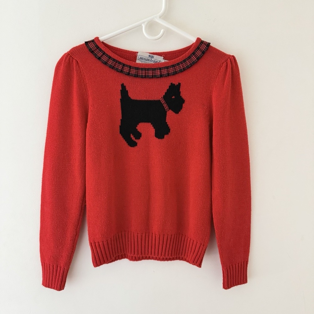 Vintage Susan Bristol Scottie Dog Sweater Womens XS Red Angora Plaid Preppy